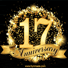 Shimmering '17 Anniversary' in gold, encased in a radiant confetti circle with a golden ribbon accent at the bottom.