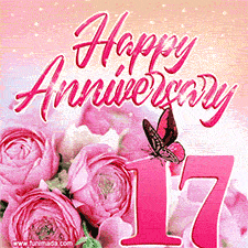 Pink peonies and butterfly adorn a 'Happy Anniversary 17' design, creating a warm and loving vibe for this milestone celebration.