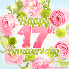A gorgeous floral-themed 'Happy 17th Anniversary' with pink roses and green blossoms, surrounded by soft pastel accents, bringing elegance and joy.