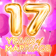 Bright '17 Years of Marriage' in shiny Bright letters, surrounded by colorful balloons on a cheerful and celebratory pink background.
