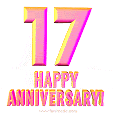 Sophisticated pink and gold '17 Happy Anniversary' text in a polished 3D look, crafted to highlight a significant milestone.