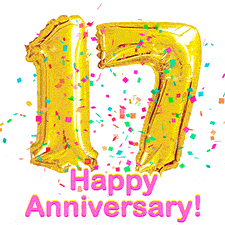 Sparkling gold balloons forming the number 17 with a burst of multicolored confetti and vibrant pink 'Happy Anniversary' text.
