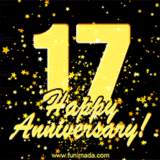 Large yellow '17' surrounded by shimmering gold stars and the celebratory message 'Happy Anniversary!' below in cursive.