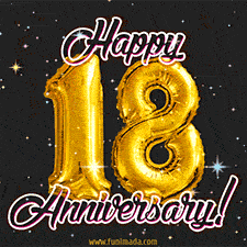 18' in golden balloon numbers and 'Happy Anniversary!' written in bold cursive, set on a shimmering starry black background.
