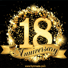 Shimmering '18 Anniversary' in gold, encased in a radiant confetti circle with a golden ribbon accent at the bottom.