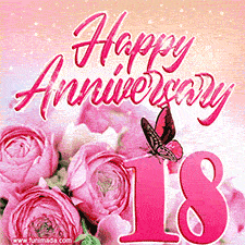 Pink peonies and butterfly adorn a 'Happy Anniversary 18' design, creating a warm and loving vibe for this milestone celebration.
