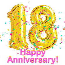 Sparkling gold balloons forming the number 18 with a burst of multicolored confetti and vibrant pink 'Happy Anniversary' text.
