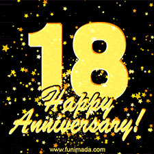 Large yellow '18' surrounded by shimmering gold stars and the celebratory message 'Happy Anniversary!' below in cursive.