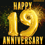 Bright golden balloons shaped like '19' with dazzling fireworks and 'Happy Anniversary' text shining on a black background.