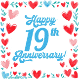 Animated 'Happy 19th Anniversary!' message in large blue text surrounded by a hand-drawn border of red, pink, and blue hearts on a white background.