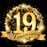 Shimmering '19 Anniversary' in gold, encased in a radiant confetti circle with a golden ribbon accent at the bottom.