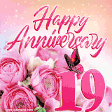 Pink peonies and butterfly adorn a 'Happy Anniversary 19' design, creating a warm and loving vibe for this milestone celebration.