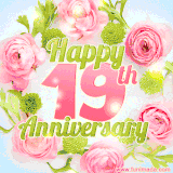 A gorgeous floral-themed 'Happy 19th Anniversary' with pink roses and green blossoms, surrounded by soft pastel accents, bringing elegance and joy.