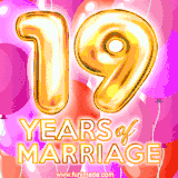 Bright '19 Years of Marriage' in shiny Bright letters, surrounded by colorful balloons on a cheerful and celebratory pink background.