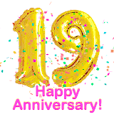 Sparkling gold balloons forming the number 19 with a burst of multicolored confetti and vibrant pink 'Happy Anniversary' text.