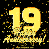 Large yellow '19' surrounded by shimmering gold stars and the celebratory message 'Happy Anniversary!' below in cursive.
