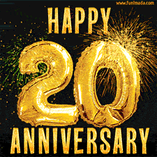 Bright golden balloons shaped like '20' with dazzling fireworks and 'Happy Anniversary' text shining on a black background.