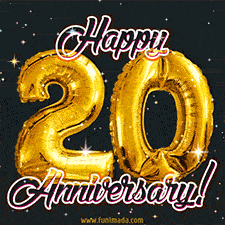 20' in golden balloon numbers and 'Happy Anniversary!' written in bold cursive, set on a shimmering starry black background.
