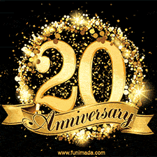 Shimmering '20 Anniversary' in gold, encased in a radiant confetti circle with a golden ribbon accent at the bottom.