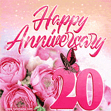 Pink peonies and butterfly adorn a 'Happy Anniversary 20' design, creating a warm and loving vibe for this milestone celebration.