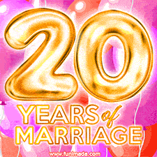 Bright '20 Years of Marriage' in shiny Bright letters, surrounded by colorful balloons on a cheerful and celebratory pink background.