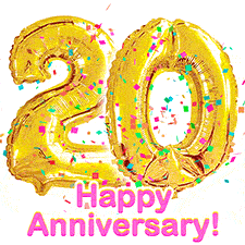 Sparkling gold balloons forming the number 20 with a burst of multicolored confetti and vibrant pink 'Happy Anniversary' text.