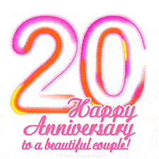 Stylish pink and yellow neon numbers '20' glowing brightly with a heartfelt 'Happy Anniversary to a beautiful couple!' written in pink cursive text.