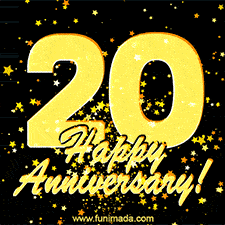 Large yellow '20' surrounded by shimmering gold stars and the celebratory message 'Happy Anniversary!' below in cursive.