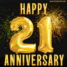 Bright golden balloons shaped like '21' with dazzling fireworks and 'Happy Anniversary' text shining on a black background.
