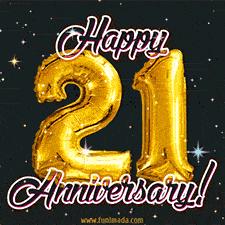 21' in golden balloon numbers and 'Happy Anniversary!' written in bold cursive, set on a shimmering starry black background.