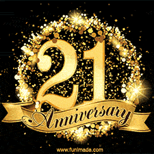 Shimmering '21 Anniversary' in gold, encased in a radiant confetti circle with a golden ribbon accent at the bottom.