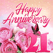 Pink peonies and butterfly adorn a 'Happy Anniversary 21' design, creating a warm and loving vibe for this milestone celebration.