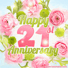 A gorgeous floral-themed 'Happy 21st Anniversary' with pink roses and green blossoms, surrounded by soft pastel accents, bringing elegance and joy.