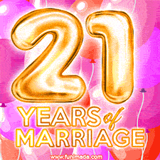Bright '21 Years of Marriage' in shiny Bright letters, surrounded by colorful balloons on a cheerful and celebratory pink background.
