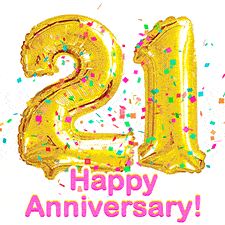Sparkling gold balloons forming the number 21 with a burst of multicolored confetti and vibrant pink 'Happy Anniversary' text.