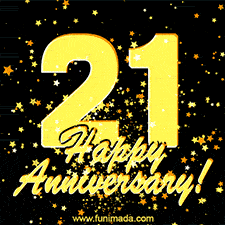 Large yellow '21' surrounded by shimmering gold stars and the celebratory message 'Happy Anniversary!' below in cursive.