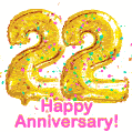 Happy Anniversary! Gold Number 22 Balloons and Confetti GIF.