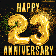 Bright golden balloons shaped like '23' with dazzling fireworks and 'Happy Anniversary' text shining on a black background.