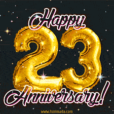 23' in golden balloon numbers and 'Happy Anniversary!' written in bold cursive, set on a shimmering starry black background.