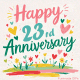 Vibrant animated greeting with pastel hearts and playful flowers under a bright 'Happy 23rd Anniversary' message.