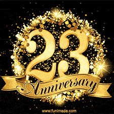 Shimmering '23 Anniversary' in gold, encased in a radiant confetti circle with a golden ribbon accent at the bottom.