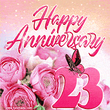 Pink peonies and butterfly adorn a 'Happy Anniversary 23' design, creating a warm and loving vibe for this milestone celebration.