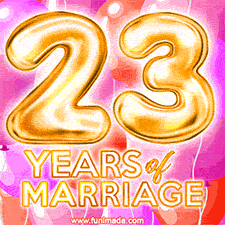 Bright '23 Years of Marriage' in shiny Bright letters, surrounded by colorful balloons on a cheerful and celebratory pink background.