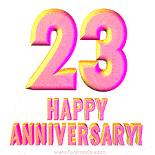 Sophisticated pink and gold '23 Happy Anniversary' text in a polished 3D look, crafted to highlight a significant milestone.
