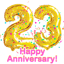 Sparkling gold balloons forming the number 23 with a burst of multicolored confetti and vibrant pink 'Happy Anniversary' text.