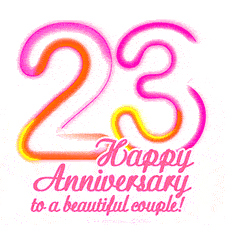 Stylish pink and yellow neon numbers '23' glowing brightly with a heartfelt 'Happy Anniversary to a beautiful couple!' written in pink cursive text.