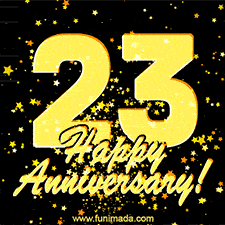 Large yellow '23' surrounded by shimmering gold stars and the celebratory message 'Happy Anniversary!' below in cursive.
