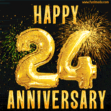 Bright golden balloons shaped like '24' with dazzling fireworks and 'Happy Anniversary' text shining on a black background.