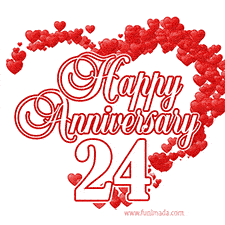 A heart-shaped design made of red hearts surrounds the elegant text 'Happy Anniversary' with the bold number '24' below.