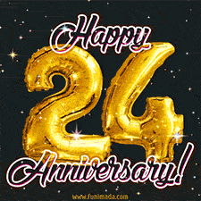 24' in golden balloon numbers and 'Happy Anniversary!' written in bold cursive, set on a shimmering starry black background.